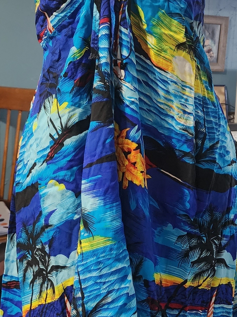 Women’s Blue Tropical Midi Dress - Vibrant Island Print Sz XL